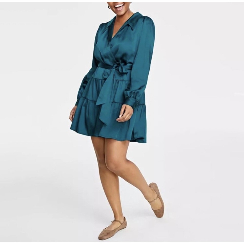NEW ON-34TH Womens Medium‎ Dress Satin Wrap Tiered Mini Teal Long Sleeve Wedding